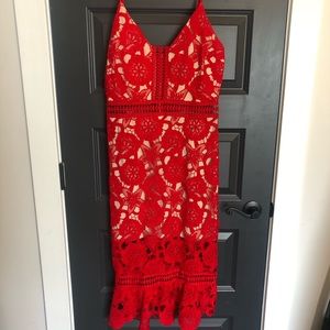 Red lace midi dress